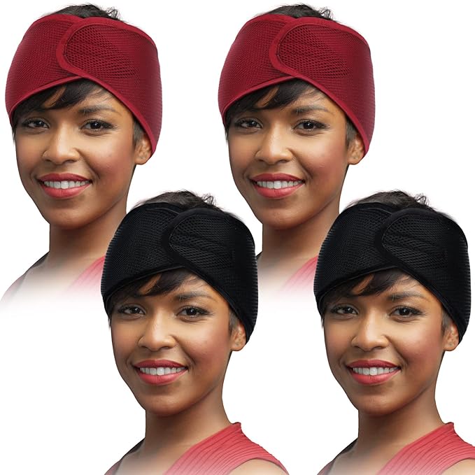 Haysandy Mesh Hair Wraps for Women - 4 Pieces Headbands for Sleeping, Face Wash, Makeup (Black, Wine Red)