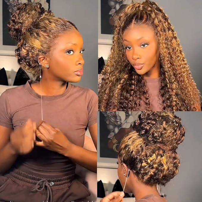 Hidden Strap 360 Deep Wave Lace Front Wigs Human Hair 220% Density Honey Blonde Curly Human Hair wig Ombre Water Wave 4/27 Highlight Lace Front Wigs Pre Plucked Wet And Wavy Wig for Women 24 Inch
