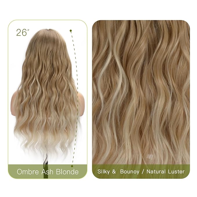 Long Wavy Ombre Ash Blonde Wig with Curtain Bangs for Women 26 Inch Synthetic Wig Natural Looking Heat Resistant Fiber Hair Wig for Daily Party Halloween Cosplay Use