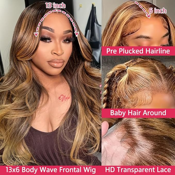 Honey Blonde 4/27 Ombre Lace Front Wig Human Hair 13x6 HD Highlight Body Wave Lace Frontal Wigs Glueless Wigs Pre Plucked with Baby Hair 180 Density 28Inch