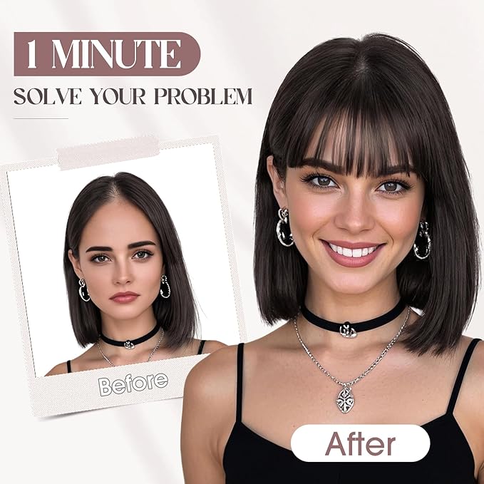 MY-LADY Human Hair Toppers for Women Real Human Hair with Bangs Thin 8.5 * 8.5CM Mono Base Clip in Remy Hairpieces Light Weight 10 Inch Natural Black