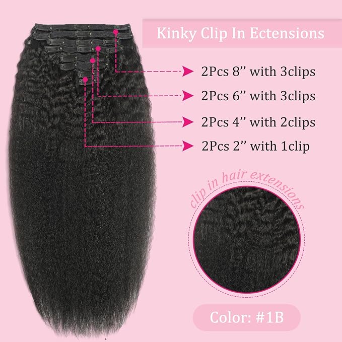 Clip in Hair Extensions Real Human Hair 125g 8Pcs/Set Kinky Straight Clip Ins Brazilian Human Hair for Black Women Seamless Clip on Hair Extensions Double Weft with 18Clips (24Inch)
