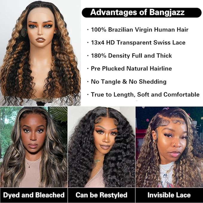 bangjazz 13x4 Deep Wave Lace Front Wigs Human Hair 180% Density Curly Lace Frontal Human Hair Wigs for Black Women #Fb/27 Human Hair HD Lace Wigs Black with Blonde Colored Lace Frontal Wig 18 Inch