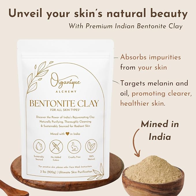 Bentonite Clay Powder For Face, Body & Hair, Deep Pore Cleansing & Detox, Indian Healing Calcium & Sodium Clay, For Masks & Bath 32 oz (920g)