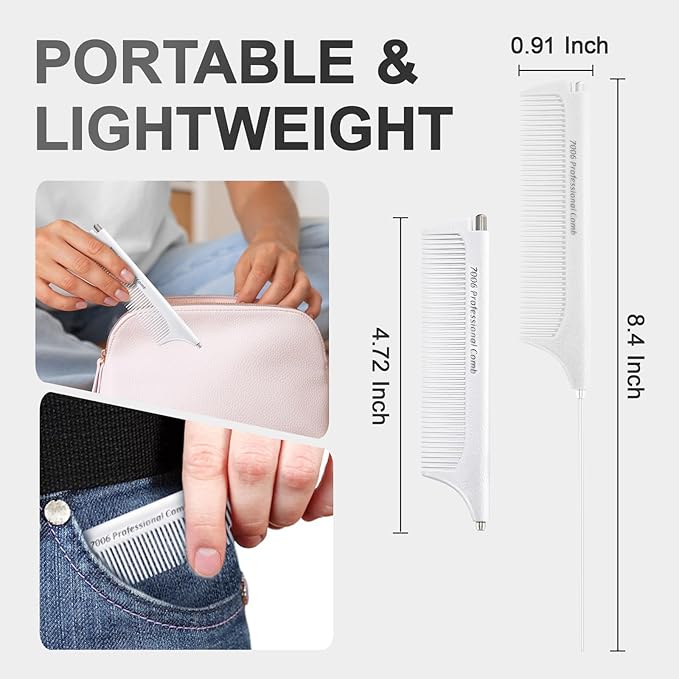 Rat Tail Combs for Parting, Protable Retractable Rat Tail Comb, Parting Combs for Hair Stylist, Fine Tooth Teasing Comb Stainless Steel Pin Tail, Easy to Carry (1 Pack-White)