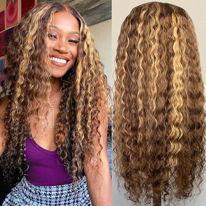 Highlight Ombre 13x6 Lace Front Wig Human Hair Deep Wave Honey Blonde Glueless HD Transparent Lace Frontal Wigs for Women 180 Density Human Hair (highlight ombre deep wave, 26 inch)