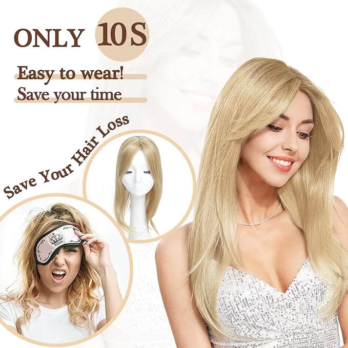 UDU Hair Toppers for Women, Synthetic Fiber, Golden Blonde, Straight, 18 Inch, 5x5 Inch Base, Clip-in Wiglets with Fringe Bangs