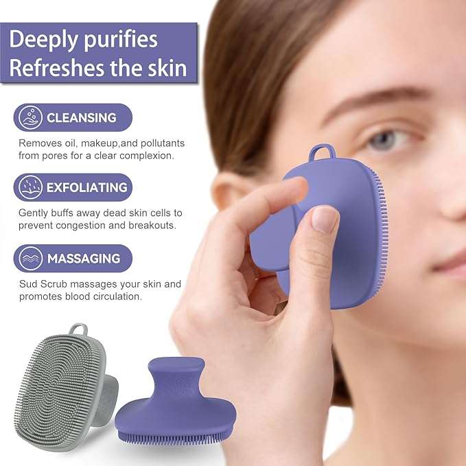 2 Pack Face Scrubber,Silicone Facial Cleansing Brush for Men & Women,Reusable Gentle Facial Waterproof Cleansing Skin Brush Exfoliating Scrubber for Sensitive Skin (Gray+Purple)