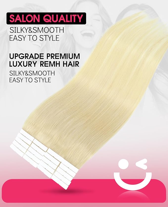 Youngsmile Injection Tape in Hair Extensions Human Hair #60 Platinum Blonde 20pcs 30g 14 Inch Injected Tape in Hair Extensions Real Human Hair Tape ins (#60,14'')