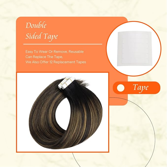 Full Shine Hair Extensions Tape in Color 1B Off Black Ombre 6 Brown Highlight 1B Black 14 Inch Invisible Remy Seamless Tape in Hair Extensions Human Hair 50 Grams 20 PCS Add Volume