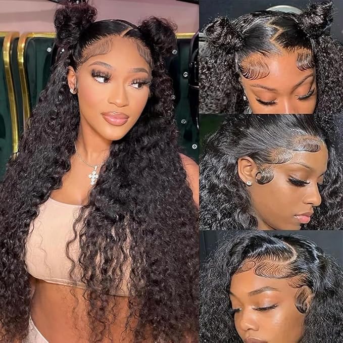 34 Inch Deep Wave Lace Front Wigs Human Hair Pre Plucked 200% Density 13x6 HD Lace Frontal Wigs with Baby Hair Deep Curly Wet and Wavy Glueless Wigs for Women (Natural Black, 34 Inch)