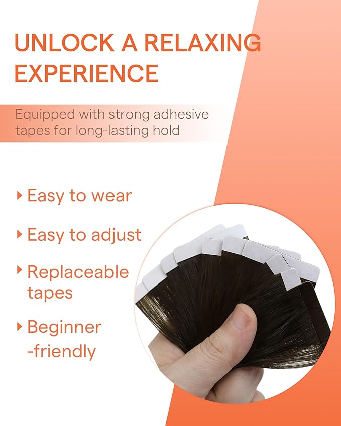 Sunny Hair Tape in Hair Extensions Real Human Hair Invisible Remy Hair Extensions Tape ins for Women Darkest Brown Ombre Medium Brown Balayage 14 inch 25G
