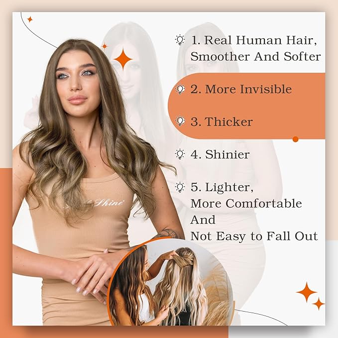 Full Shine Tape in Hair Extensions Human Hair 16 Inch Color 4 Brown Highlighted 27 Blonde Invisible Skin Weft Tape Extensions Adhesive Extension 50 Gram 20Pcs PU Tapes Natural Straight for Women