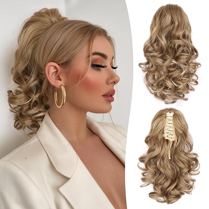 12 Inch Blonde Ponytail Extension - Clip in Ponytail Hair Extensions, Curly Wavy Pony Tails Hair Extensions, Claw Clip Ponytail Extension for Women (Color: Dark Blonde With Beige Highlights)