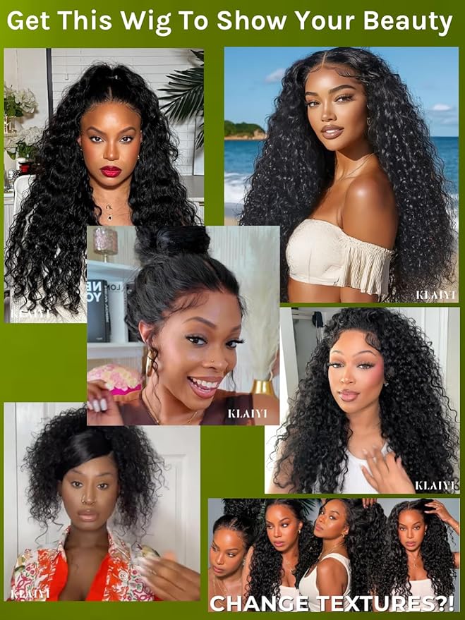 KLAIYI Bye Bye Slip™ Water Wave 7X5 Precut Lace Front Human Hair Wig Drawstring Glueless 3S Ready to Wear and Go Wig with Baby Hair Pre Plucked Bleached Bye Bye Knots Curly Wig 180%Density Full 26Inch