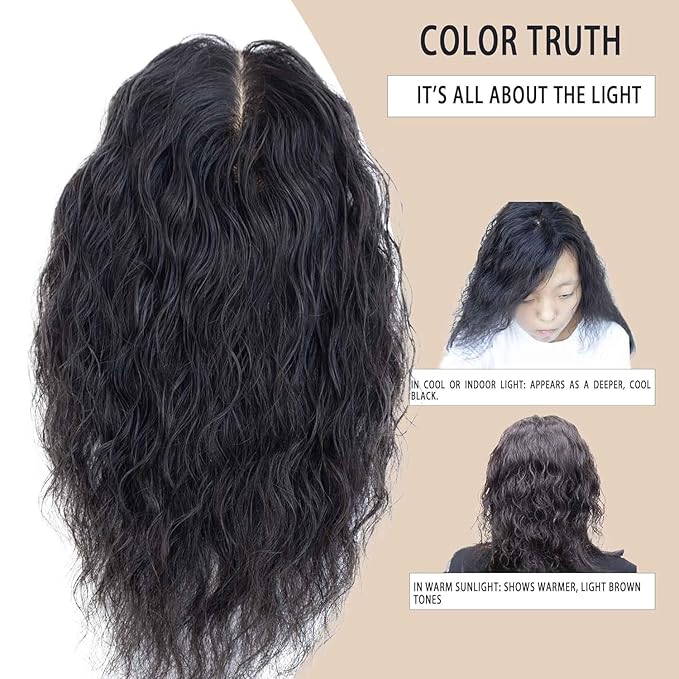 Curly Hair Toppers for Women, Real Human Hair Topper for Thinning Hair, Realistic Scalp Crown Hair Topper with Natural Volume, Clip-In 3D Scalp Cover, Natural Black 1B 12 In