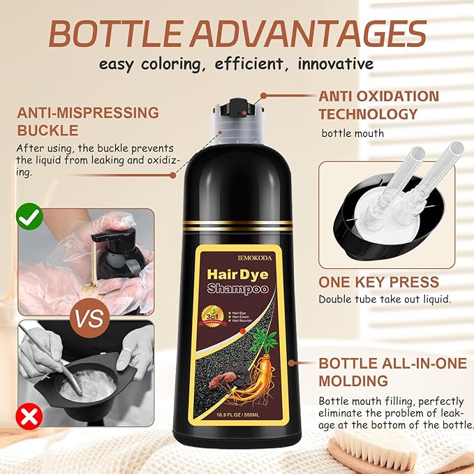 Instant Dark Wine Red Hair Dye Shampoo for 100% Gray Hair Coverage, Natural Herbal Hair Color Shampoo Hair Dye, 3 in 1 Coloring & Care Formula Lasts 3-4 Weeks, Easy & Quick to Use for Women Men, 500ML