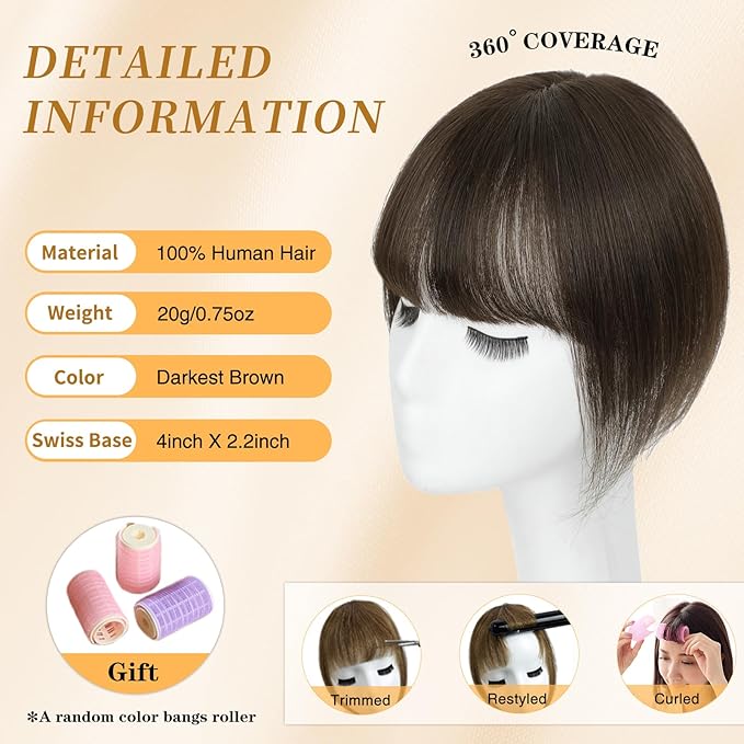 NAYOO Hair Toppers for Women Real Human Hair, 360° Cover Clips in Full Fringe Fake Bangs Hair Pieces for Women Girls Daily Wear (2# Darkst Brown)