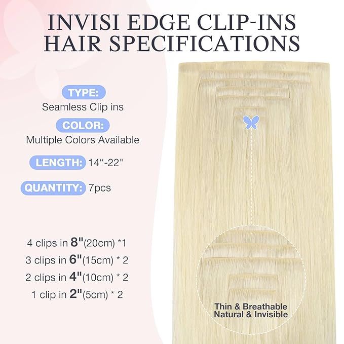DOORES Invisi Edge Clip in Hair Extensions 18 inch 120g 7pcs, Virgin Real Human Hair PU Clip in Extension Invisible Seamless Natural Thickening Hairstyle, 60A Platinum Blonde