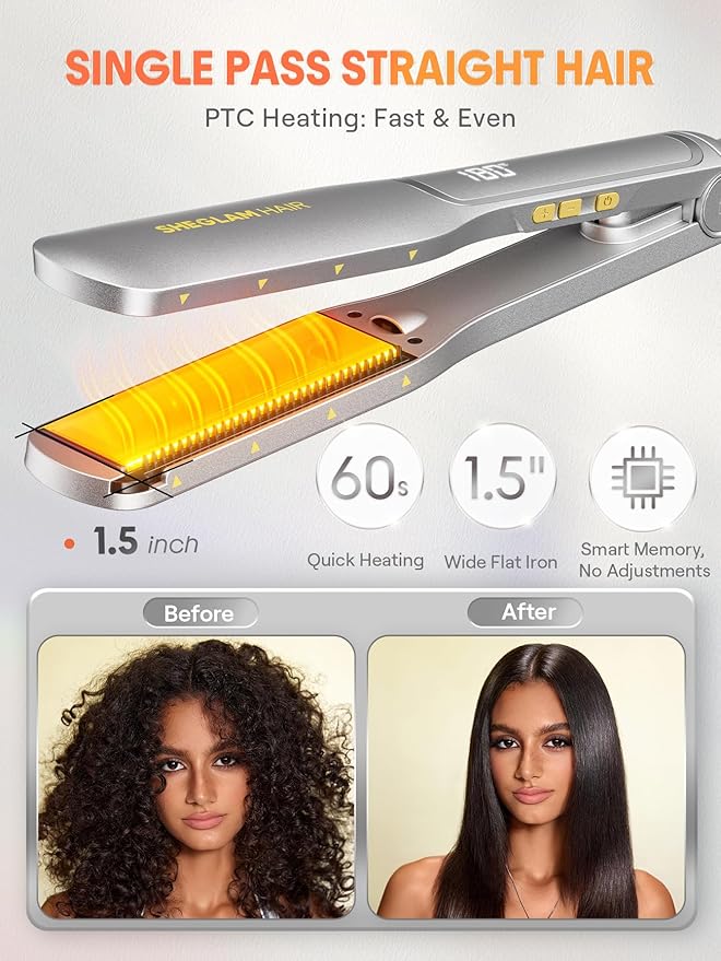 SHEGLAM Hair Straightener 1.5 inch Sleek Chic Wide Glide, 10 Million Negative Ion Flat Iron, 60s Quick Heating
