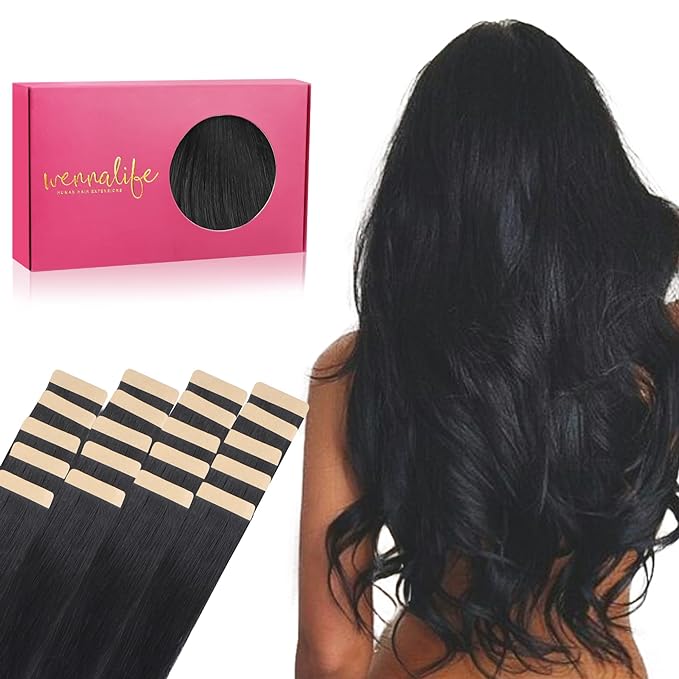 WENNALIFE Tape in Hair Extensions Human Hair, 20pcs 60g 28 inch Jet Black Remy Hair Extensions Straight Human Hair Tape in Extensions Skin Weft Tape Extensions Human Hair