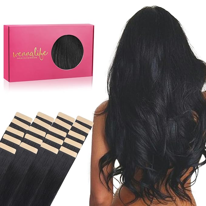 WENNALIFE Tape in Hair Extensions Human Hair, 20pcs 50g 22 inch Jet Black Remy Hair Extensions Straight Human Hair Tape in Extensions Skin Weft Tape Extensions Human Hair