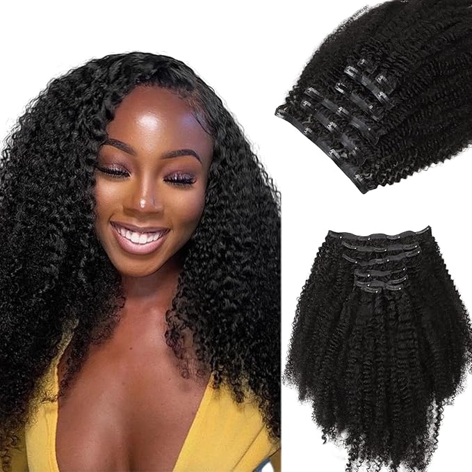 Lashey Seamless Clip in Hair Extensions Human Hair 110g 7pcs Afro Kinky Curly Human Hair Clip in Extensions 24 Inch Natural Black Hair Extensions Real Human Hair