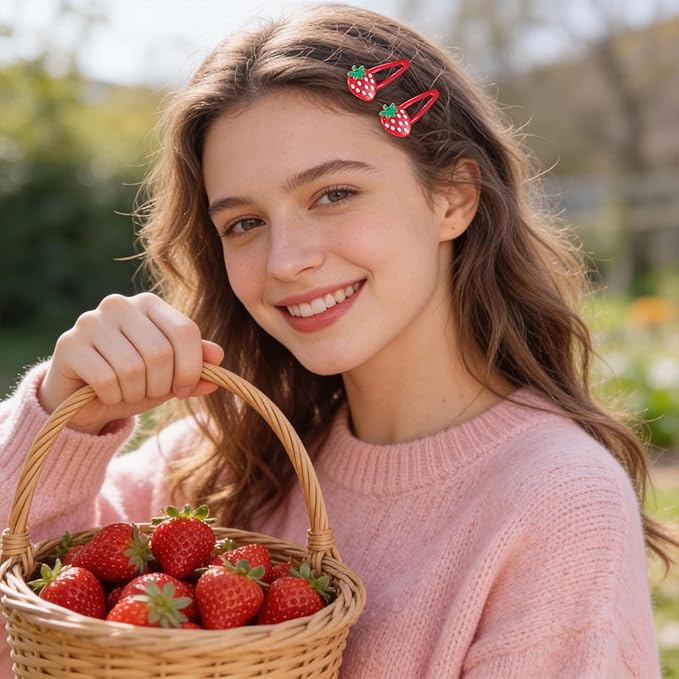 5PCS Strawberry Hair Clip and Hair Tie set, Fruit Metal Snap Accessories, Red Elastics No Damage Soft Rubber Hairbands, Cute Strawberry Accessories for Girls Toddlers Kids and Teens