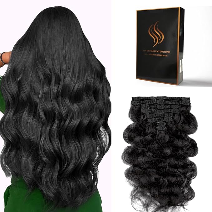 Clip in Hair Extensions Real Human Hair Body Wave 1 Jet Black Clip in 100% Brazilian Remy Human Hair Extensions 8pcs Per Set with 18 Clips Double Weft 18 Inch 100g/3.6oz