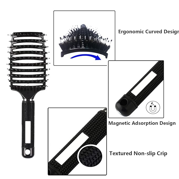 2PCS Curved Vented Hair Brush Boar Bristle Hair Brushes Paddle Detangling Brush Professional Styling Hairbrushes Detangler for Women/Men/Kids Wet Dry Thick Curly Straight Hair (Gold+Black)