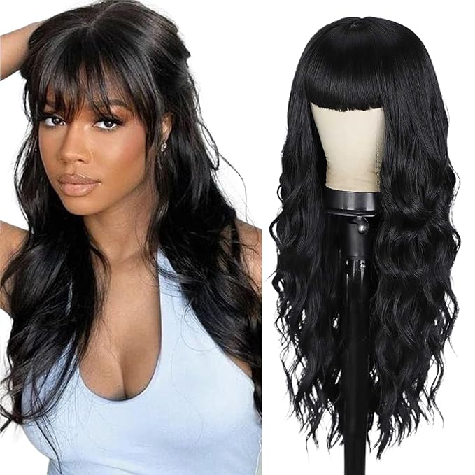 EMMOR Black Wigs for Women Long Curly Wigs With Bangs Water Wavy Synthetic Wig, Party Cosplay Daily Use