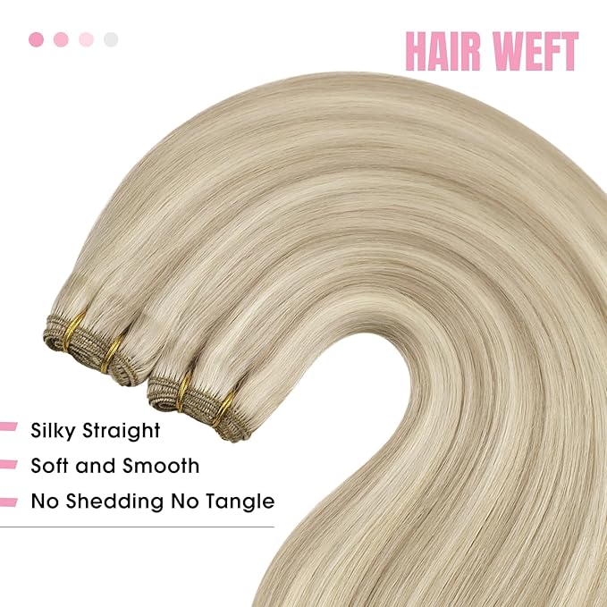 YoungSee 125G Weft Hair Extensions Blonde Highlight Sew in Hair Extensions Real Human Hair Warm Ash Blond Highlights Bleach Blonde Invisible Sew in Extensions for Women 22Inch