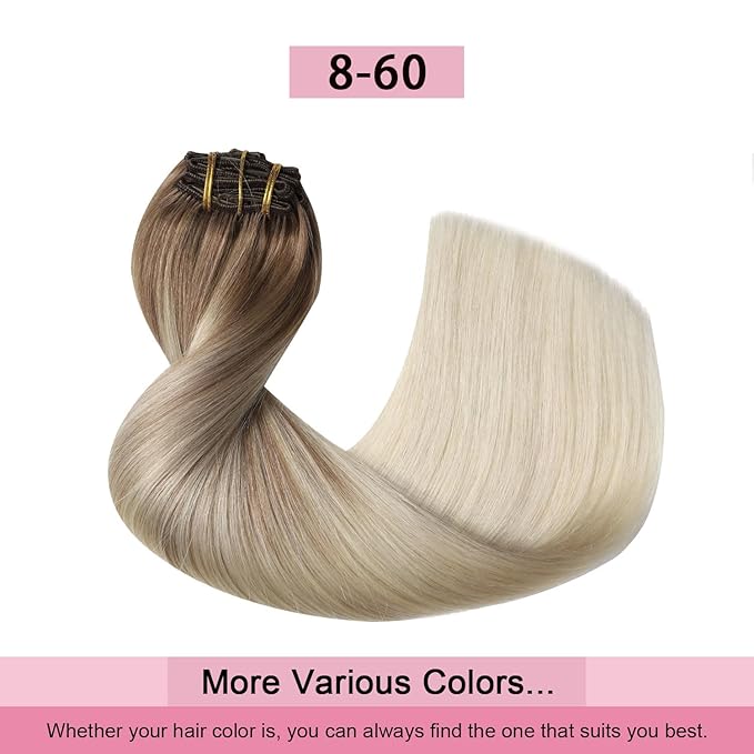 Pro2.0 Clip in Hair Extensions Real Human Hair 20inch 7pcs Color #8/60 Ash Brown to Platinum Blonde Remy Real Human Hair Extensions Clip ins 120g Thick Double Weft（#8/60-20inch）