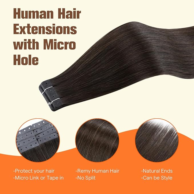 Full Shine Holed Tape Extensions Human Hair Dark Brown 20PCS 50G Tape in Hair Extensions Human Hair 24Inch Invisible PU No Glue No Clips for Party Brown Tape ins Soft Remy Glueless Straight