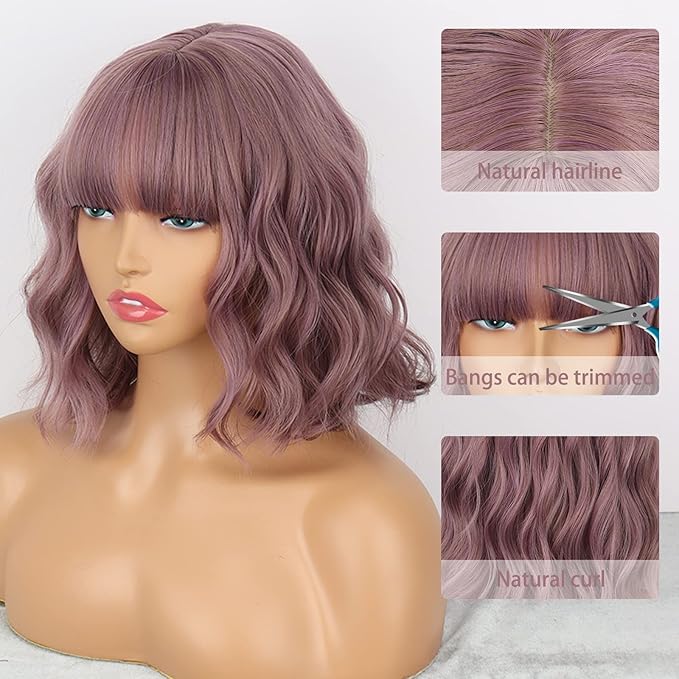MISSQUEEN Short Wavy Wigs for Women,Synthetic Cute Purple Wavy Wigs with Bangs,14inch Natural Curly Synthetic Women Bob Wig(Purple)