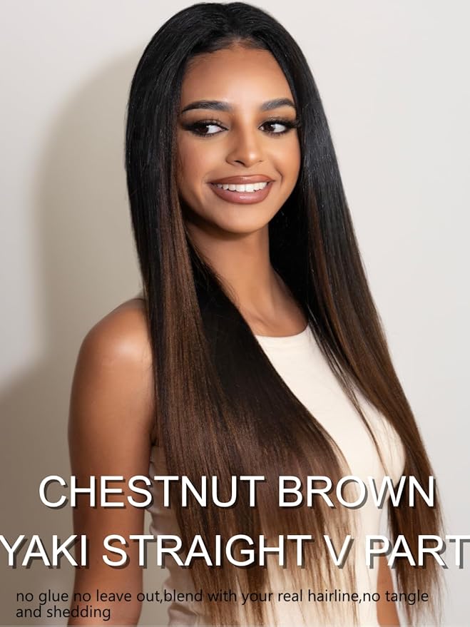 YIROO Human Hair No Leave Out Ombre Chestnut Brown Yaki Straight U Part Wig - Clip-in, Glueless, No Sew Half Wig - 22 inch