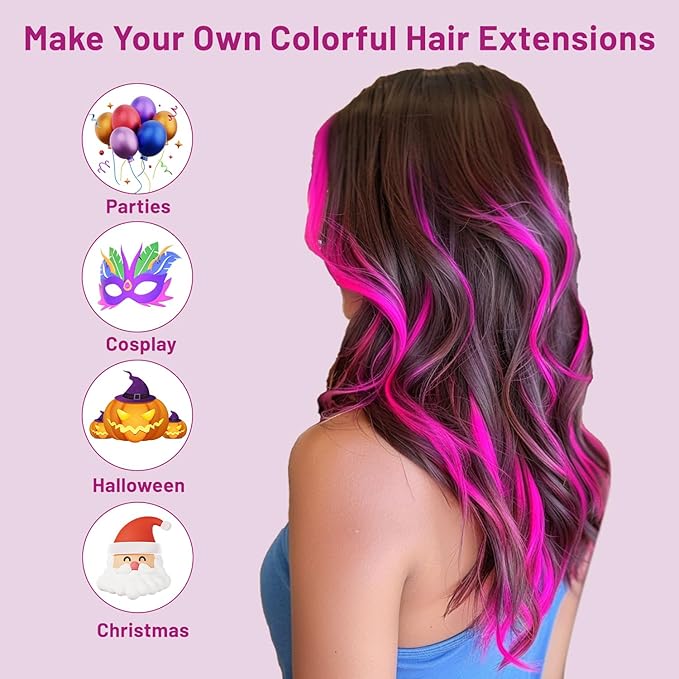 16 Pcs Colored Hair Extensions Curly Wavy Clip in Synthetic Hair Extensions,Colorful Party Highlights Hairpiece Streak for Girls Women Kids Cosplay Party Gift(Rose Purple)