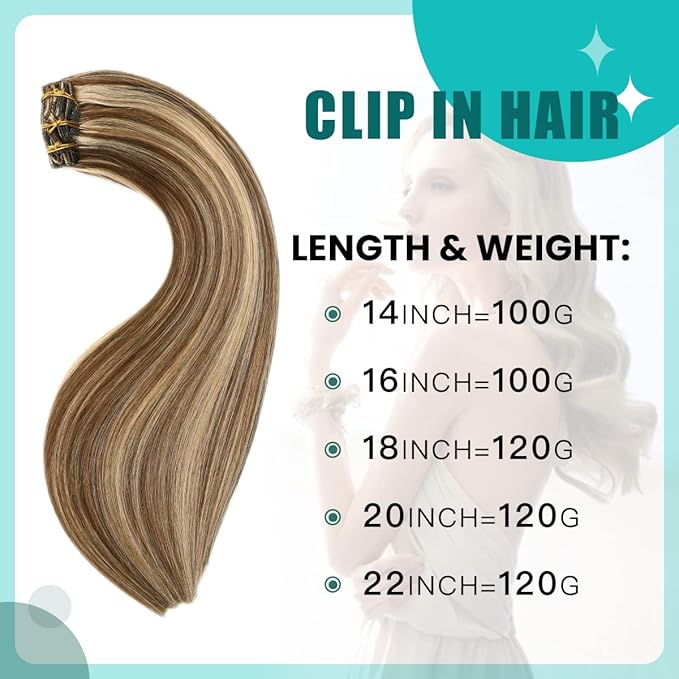SURNEL Human Hair Clip in Extensions Chocolate Brown and Caramel Blonde Clip in Hair Extensions 20 Inch 6pcs 120g(#4P27,20'')