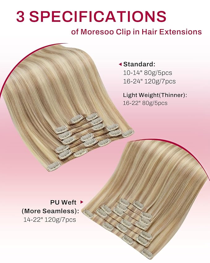 Moresoo Seamless Clip in Hair Extensions Dark Ash Blonde Highlighted with Golden Blonde Remy Clip in Seamless Human Hair Extensions 7pcs/120g 18inch