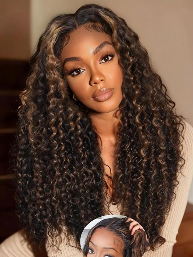 Julia Hair Golden Brown Highlight Water Wave and Jerry Curly Wig Mixed Curls 13X4 Lace Front Pre Everything Wigs Glueless Human Hair Lace Frontal with Invisi Drawstring Ready to Go 18 Inch