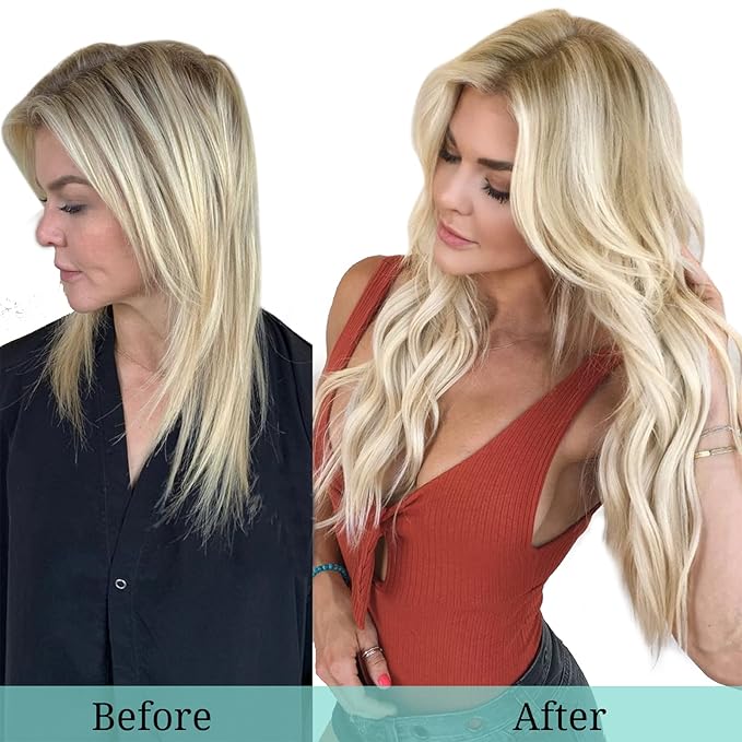DOORES Hair Extensions Clip in Ombre Light Blonde Highlighted Golden Blonde 7pcs 24Inch Clip in Human Hair Extensions Remy Natural Hair Extensions Straight Thick 120g