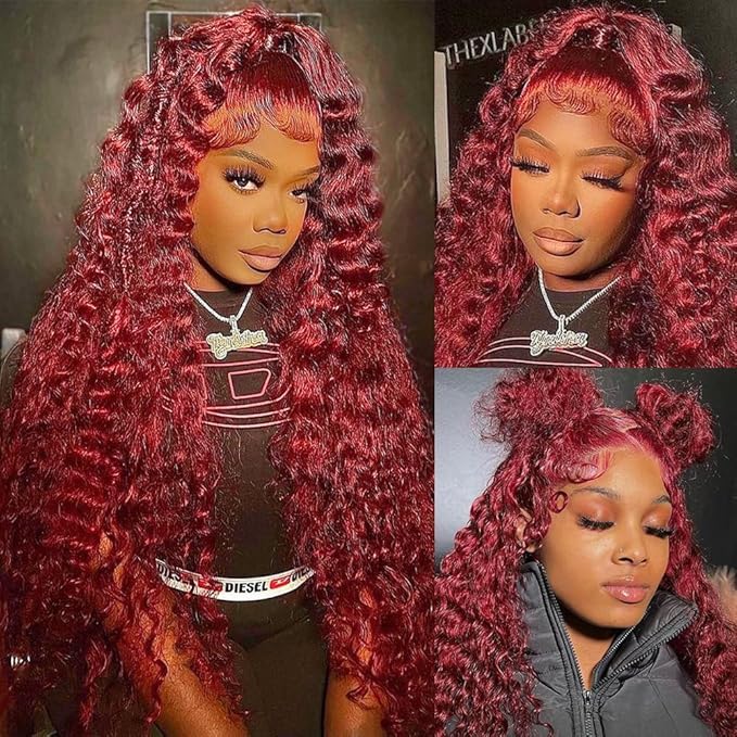 32 Inch 99J Burgundy Lace Front Wigs Human Hair Red Burgundy Wig 200% Density 13x6 Deep Wave Lace Front Wigs Human Hair Pre Plucked Glueless Lace Frontal Wigs for Women