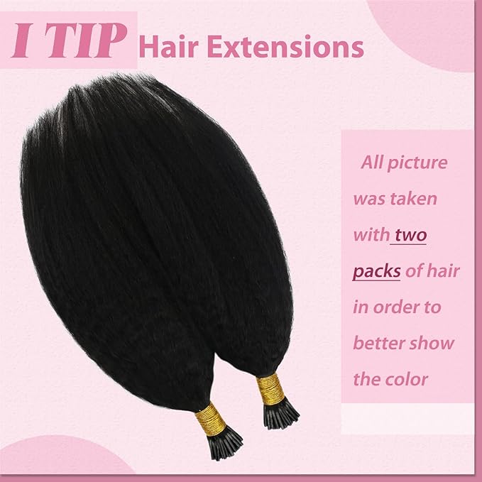 YoungSee I Tips Hair Extensions Kinky Straight 18 Inch Black I Tips Hair Extensions Real Human Hair Black Women 60s Kinky Itip Hair Extension Human Hair Yaki Pre Bonded Hair for Black Women 50g