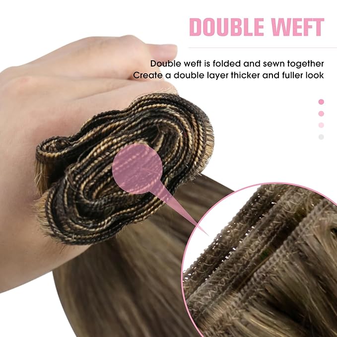 YoungSee Human Hair Sew in Extensions Brown Highlight Hair Extensions Weft Dark Brown Mix Caramel Blonde Sew in Bundles Human Hair One Piece for DIY 16Inch 100G