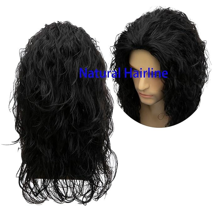 Baruisi Long Curly Wavy Black Wigs for Men Synthetic Natural Party Halloween Cosplay Hair Wig