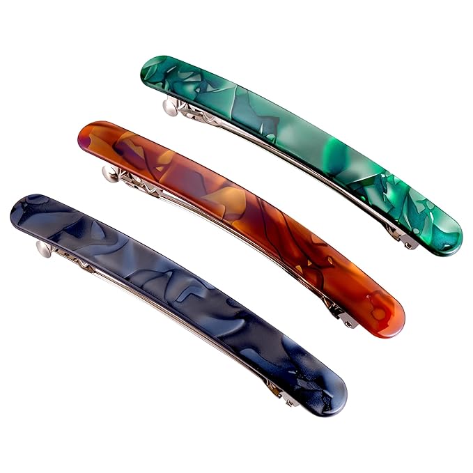 4 Inch Large Hair Barrettes for Women - Strong Hold French Clips for Thick/Thin Hair, Tortoiseshell Acetate Accessories for Ponytail, Half-Up Hairstyles - 3 Pack (Brown, Green, Grey Black)