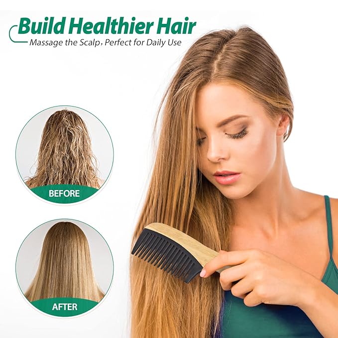 5 Pcs Handmade Bamboo Anti-Static Comb Set for Women and Men - Wide Tooth, Rat Tail, and Fine Tooth Combs for Long, Short, Thick, Thin, Wavy, and Curly Hair Detangling (Natural + Black)