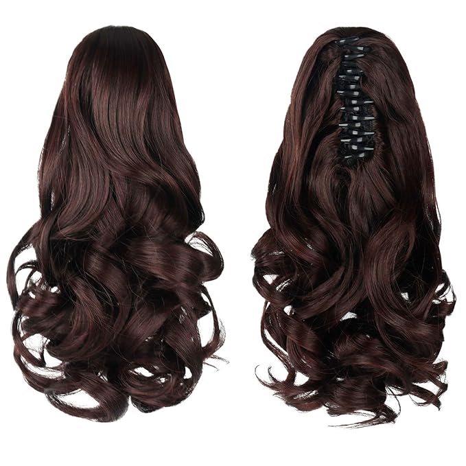 Ponytail Extension, Clip on Ponytails for Women, 12" Claw Clip in Short Curly Wavy Pony Hair Extension for Women - Brunette