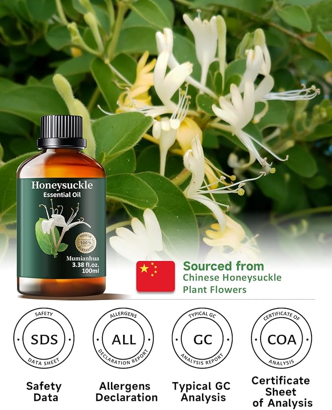 Pure Honeysuckle Essential Oil for Bedtime Serenity, Evening Relaxation & Pillow Mist, Mumianhua Natural Floral Aroma for Reed Diffuser, Hair, Skin, Calming Blends, Candles,Perfume Making 3.38 Fl Oz