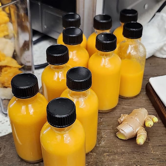 DIDITIME 24 Pack 2 oz Small Clear Glass Bottles with Lids & 4 Funnels - 60ml Boston Round Sample Bottles for Potion, Juice, Ginger Shots, Oils, Whiskey, Wellness Shots, Mini Travel Bottles
